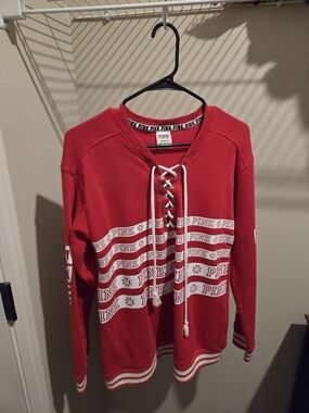 PINK Lace-Up Red Pullover Sweatshirt